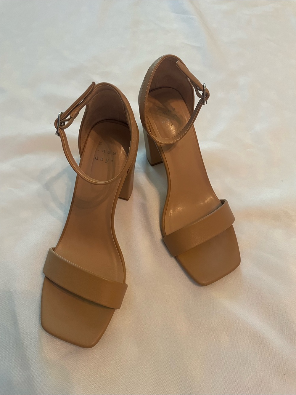 A New Day Classic Tan Block Heel Sandals with Buckle Ankle Strap, Size 7